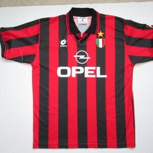 AC Milan 1995 96 Lotto OPEL Home Shirt Jersey Soccer Sz L Red Black FLAWS